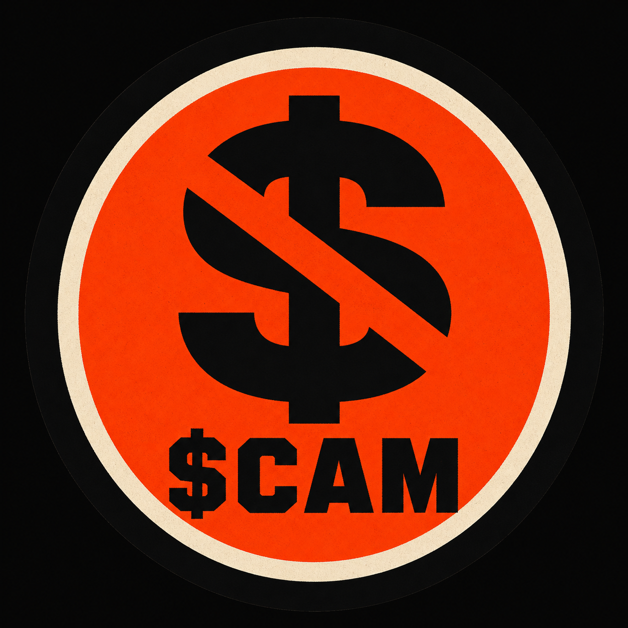 The Crypto Scam token icon featuring a crossed-out dollar sign and $CAM wordmark